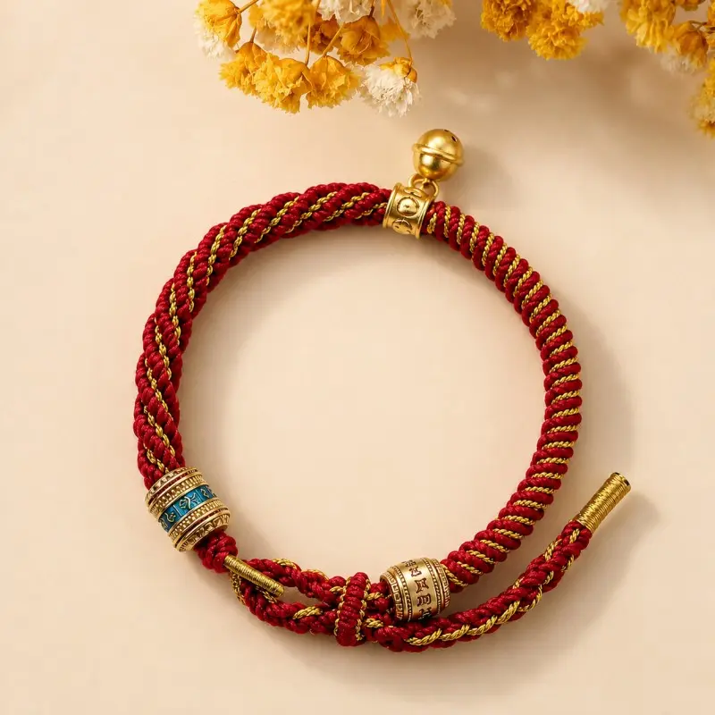 Tibetan-Inspired Om Mani Padme Hum Red & Gold Braided Cord Bracelet – Compassion, Mindfulness & Protection