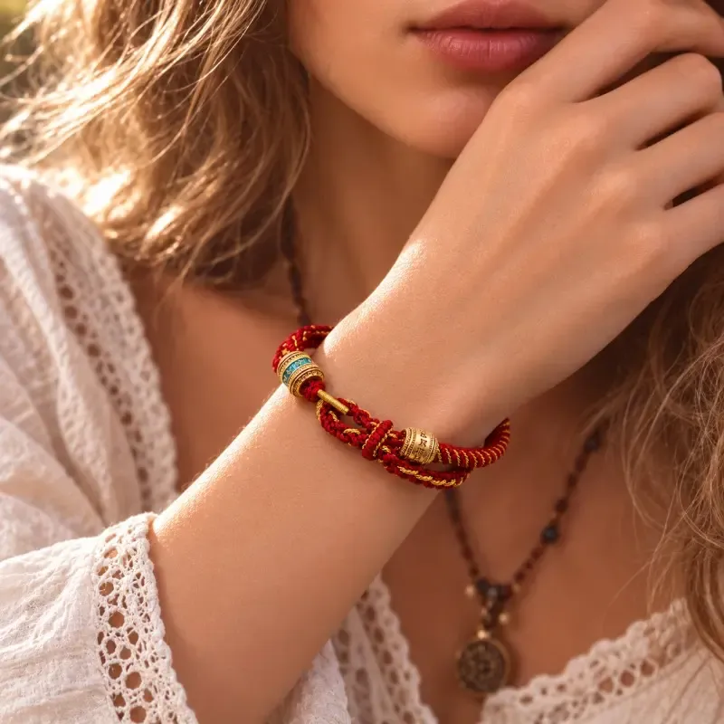 Tibetan-Inspired Om Mani Padme Hum Red & Gold Braided Cord Bracelet – Compassion, Mindfulness & Protection