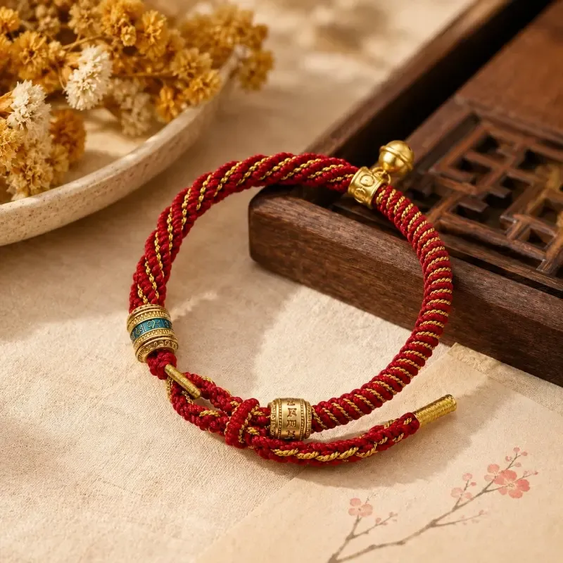 Tibetan-Inspired Om Mani Padme Hum Red & Gold Braided Cord Bracelet – Compassion, Mindfulness & Protection