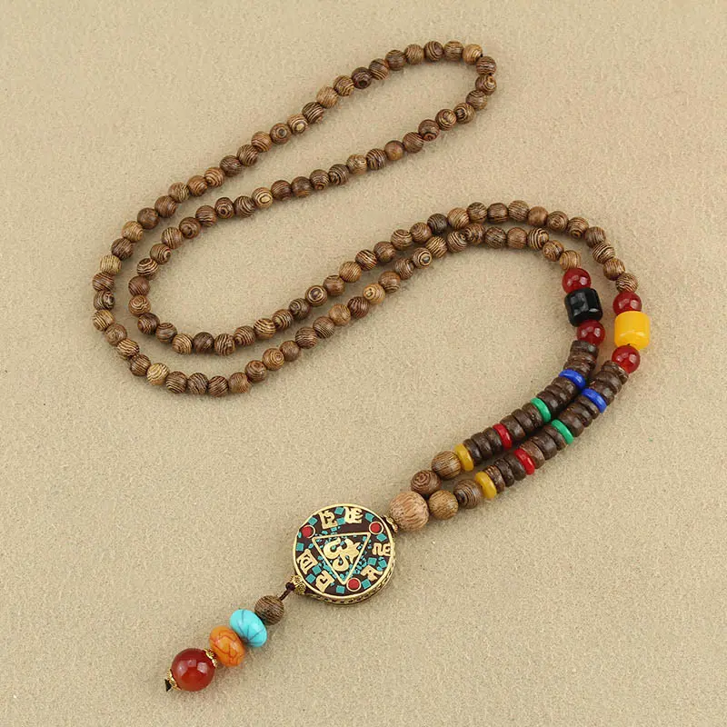 Tibetan Six-Syllable Mantra Wood Bead Necklace – Om Mani Padme Hum Pendant for Compassion & Inner Peace