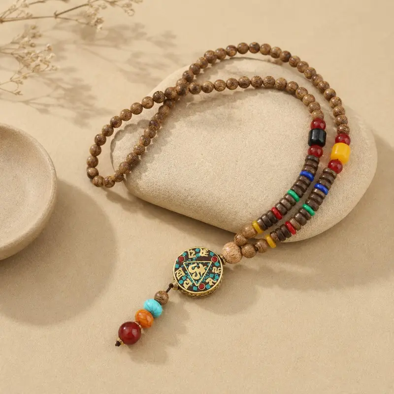 Tibetan Six-Syllable Mantra Wood Bead Necklace – Om Mani Padme Hum Pendant for Compassion & Inner Peace