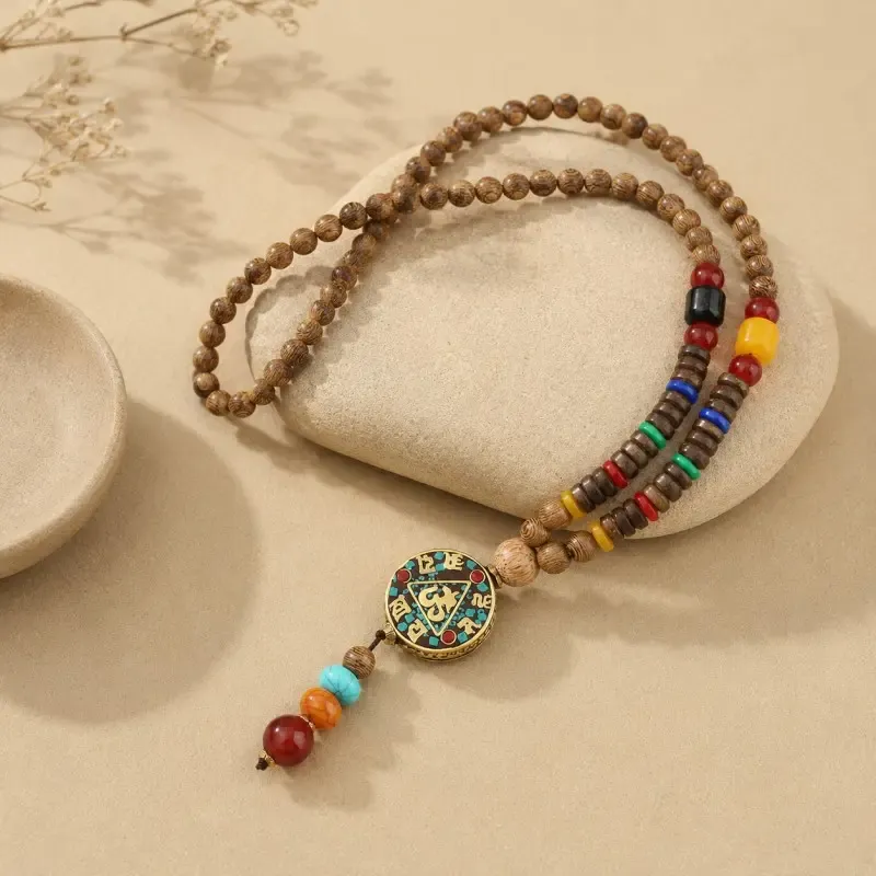 Tibetan Six-Syllable Mantra Wood Bead Necklace – Om Mani Padme Hum Pendant for Compassion & Inner Peace