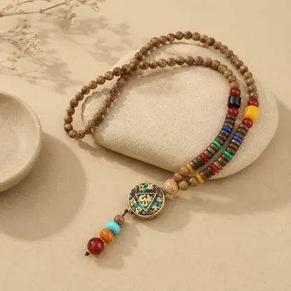 Tibetan Six-Syllable Mantra Wood Bead Necklace – Om Mani Padme Hum Pendant for Compassion & Inner Peace