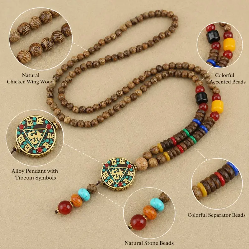 Tibetan Six-Syllable Mantra Wood Bead Necklace – Om Mani Padme Hum Pendant for Compassion & Inner Peace