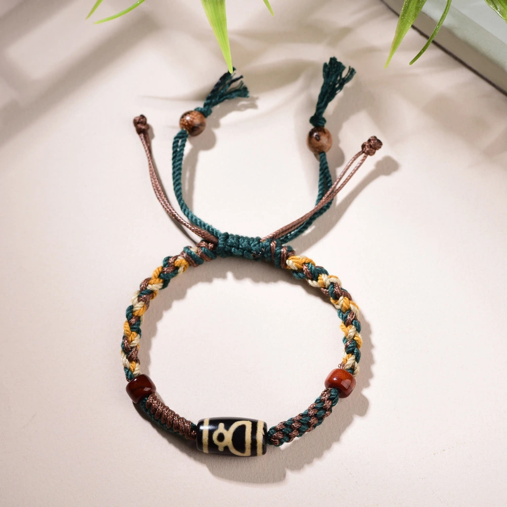 Tibetan-Style Agate Wealth Deity Dzi Bead Bracelet – Prosperity, Abundance & Spiritual Protection