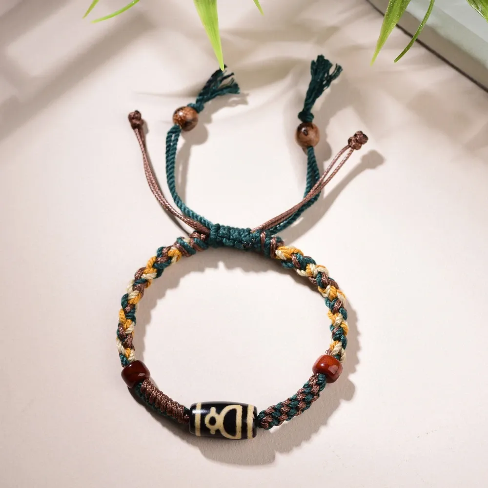 Tibetan-Style Agate Wealth Deity Dzi Bead Bracelet – Prosperity, Abundance & Spiritual Protection