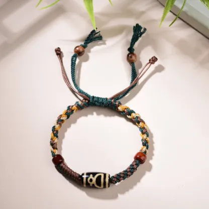 Tibetan-Style Agate Wealth Deity Dzi Bead Bracelet – Prosperity, Abundance & Spiritual Protection