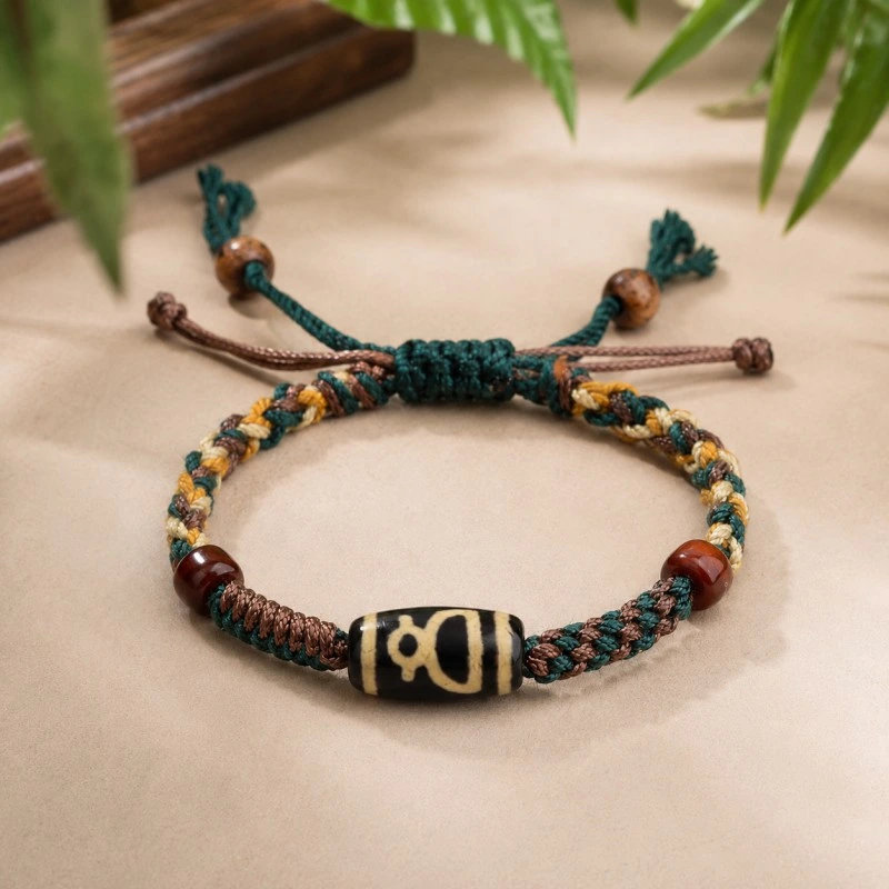 Tibetan-Style Agate Wealth Deity Dzi Bead Bracelet – Prosperity, Abundance & Spiritual Protection