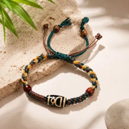 Tibetan-Style Agate Wealth Deity Dzi Bead Bracelet – Prosperity, Abundance & Spiritual Protection