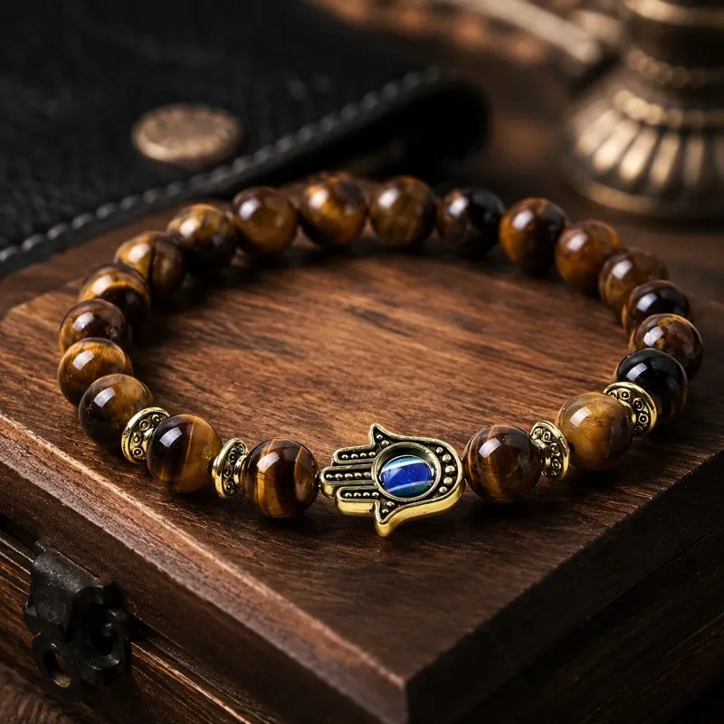 Tiger Eye Hamsa Evil Eye Bracelet – Courage, Focus & Protection