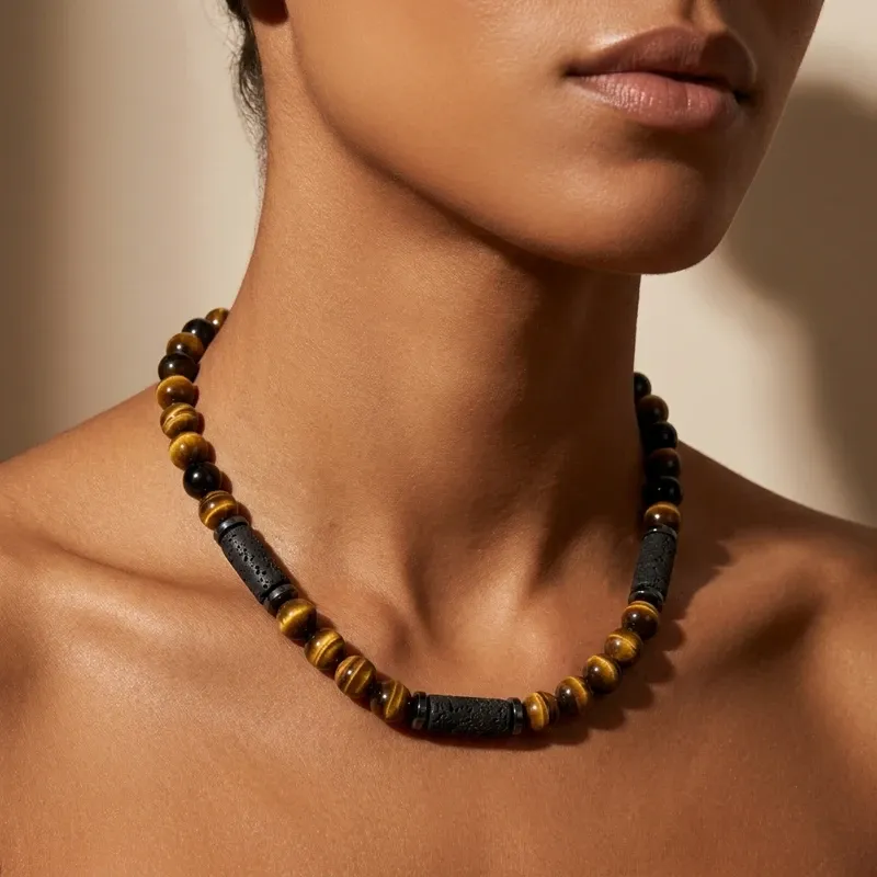 Tiger's Eye & Lava Stone Necklace – Energy, Prosperity & Protection