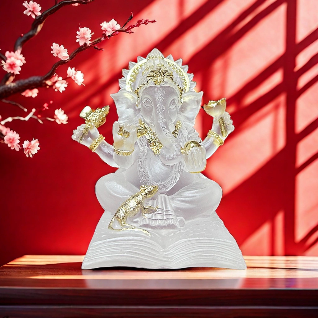 Translucent White Ganesha Statue – Southeast Asian Resin Elephant God Figurine for Home & Office Decor