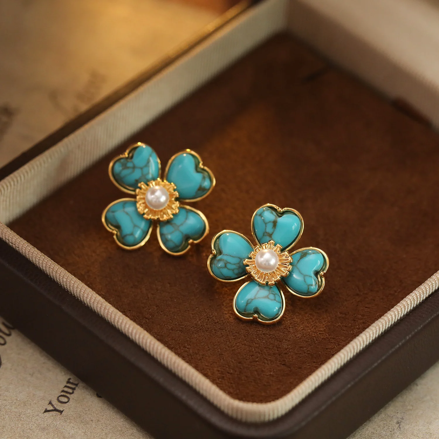 Turquoise Love Heart Flower Copper Healing Stud Earrings