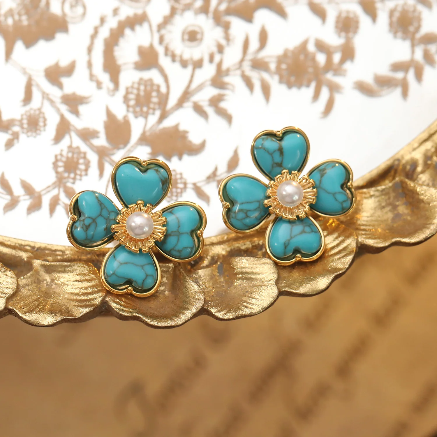Turquoise Love Heart Flower Copper Healing Stud Earrings