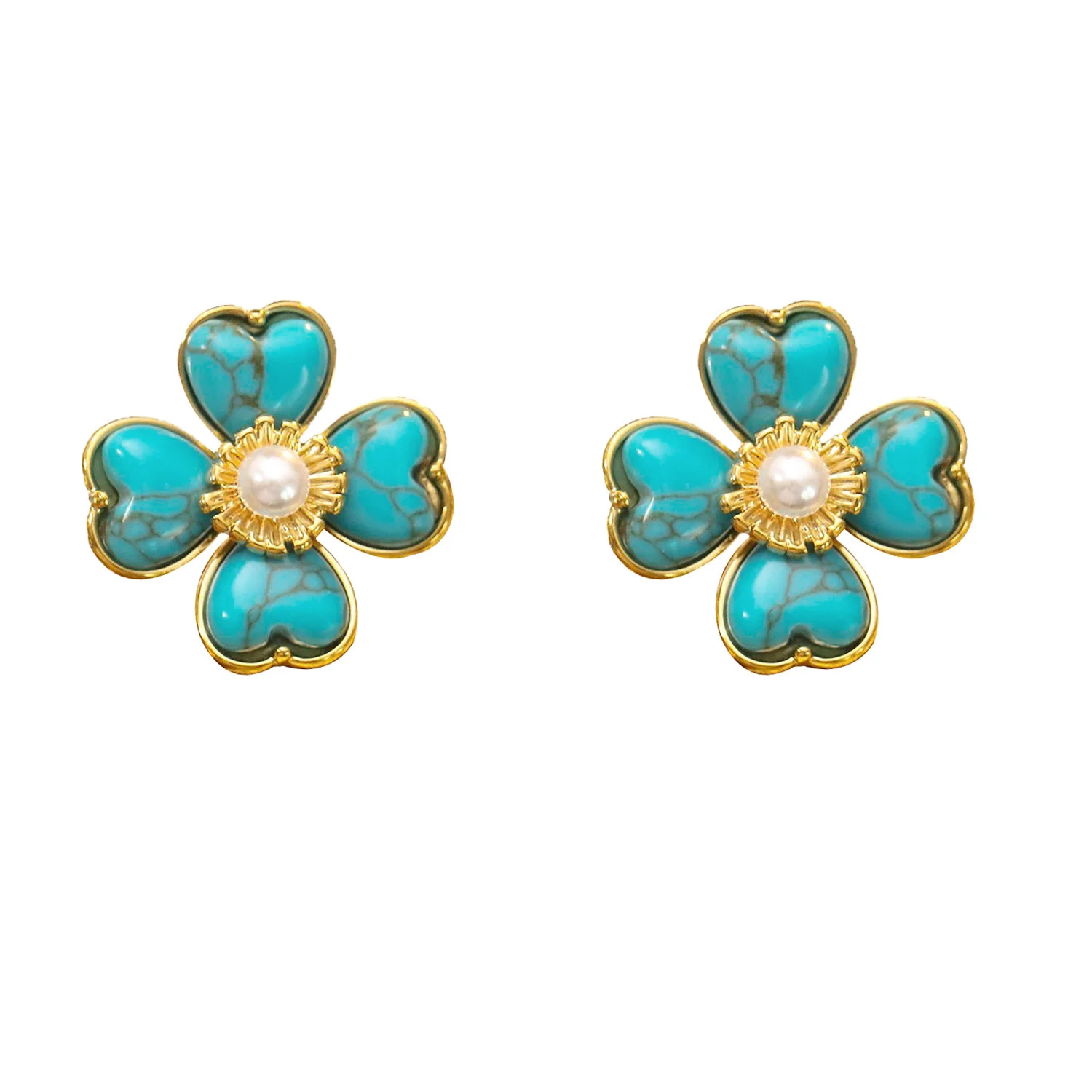 Turquoise Love Heart Flower Copper Healing Stud Earrings