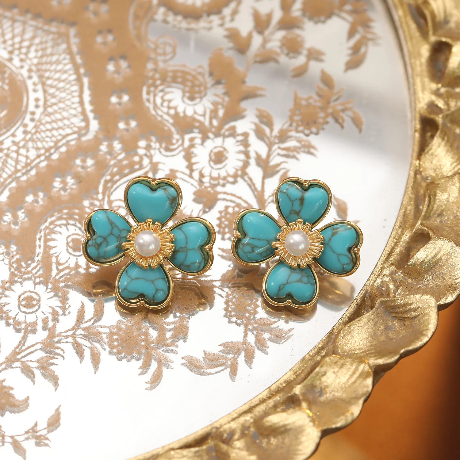 Turquoise Love Heart Flower Copper Healing Stud Earrings
