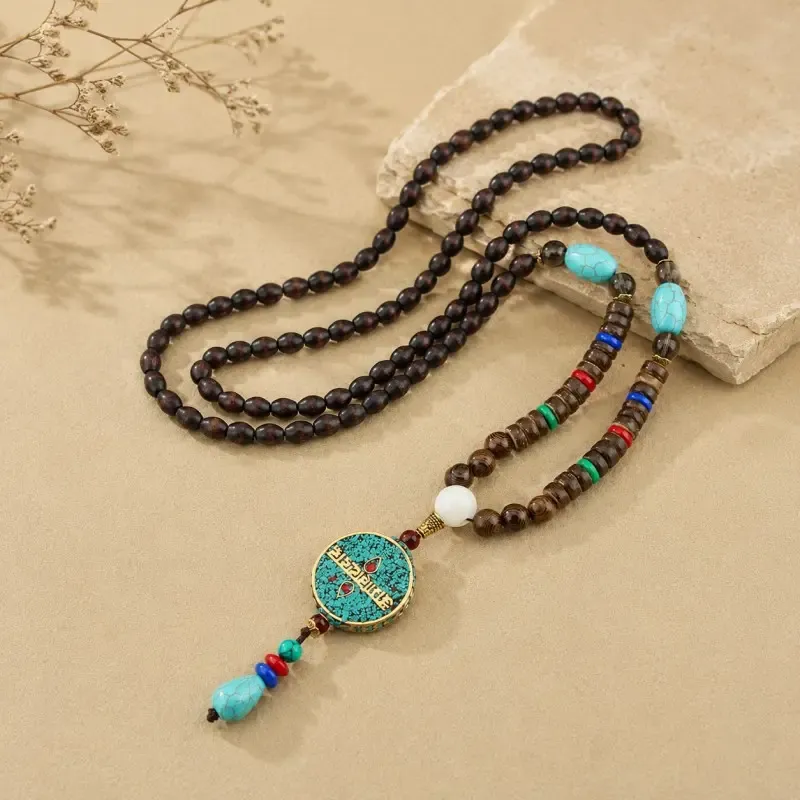 Turquoise Om Mani Padme Hum Natural Wood Bead Necklace – Compassion, Protection & Inner Peace