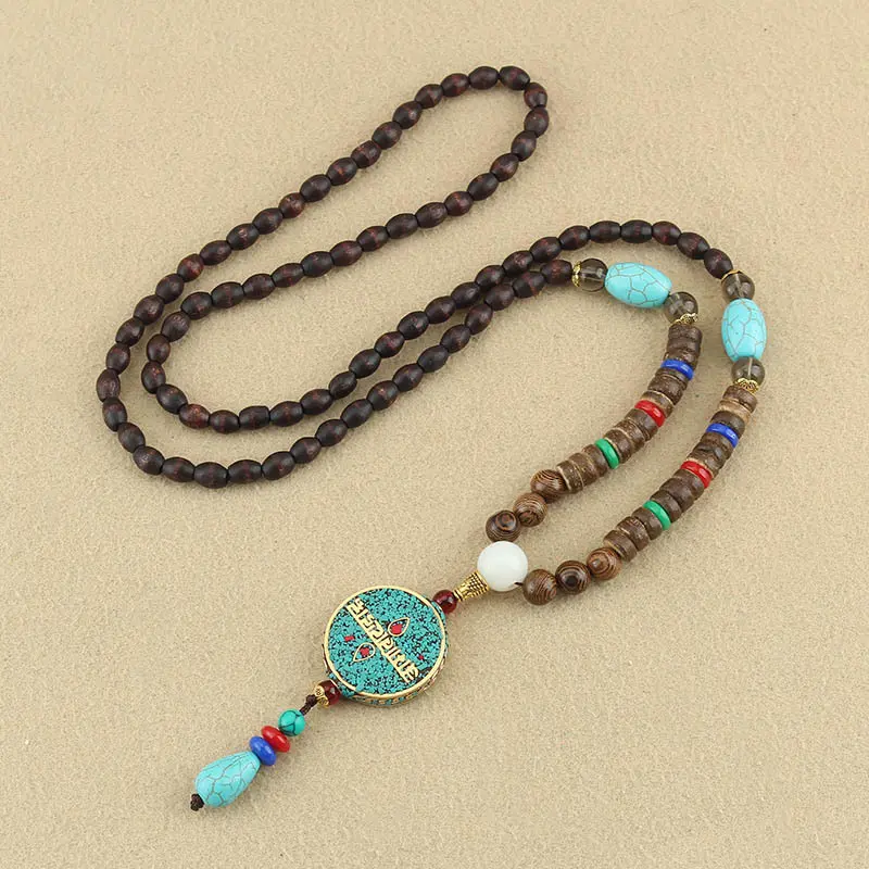 Turquoise Om Mani Padme Hum Natural Wood Bead Necklace – Compassion, Protection & Inner Peace