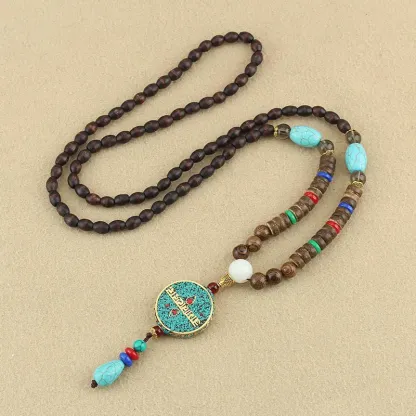 Turquoise Om Mani Padme Hum Natural Wood Bead Necklace – Compassion, Protection & Inner Peace