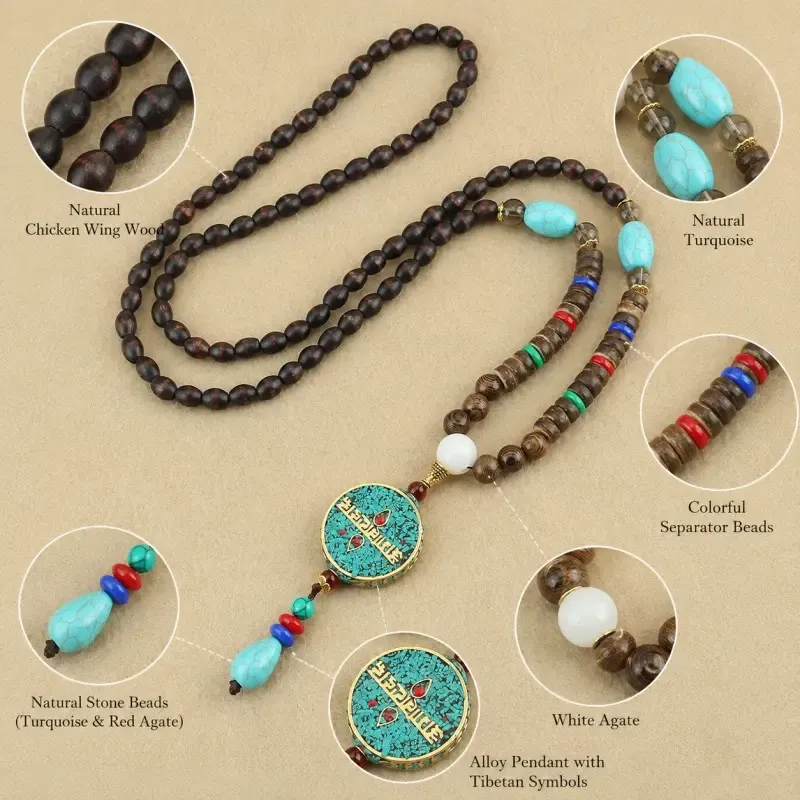 Turquoise Om Mani Padme Hum Natural Wood Bead Necklace – Compassion, Protection & Inner Peace