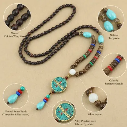 Turquoise Om Mani Padme Hum Natural Wood Bead Necklace – Compassion, Protection & Inner Peace