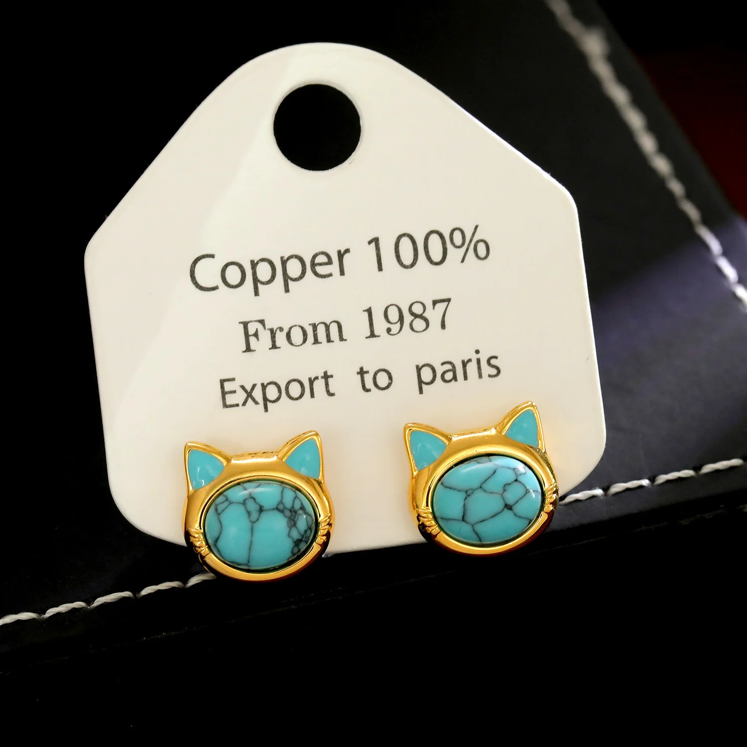 Turquoise Tiger Eye Cat Head Design Copper Protection Stud Earrings