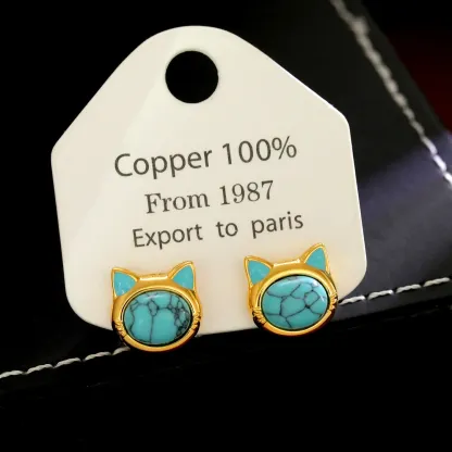 Turquoise Tiger Eye Cat Head Design Copper Protection Stud Earrings