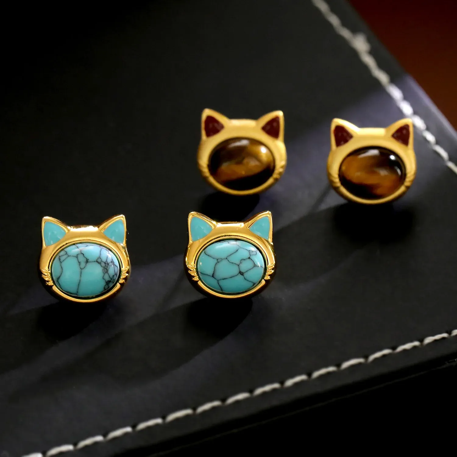 Turquoise Tiger Eye Cat Head Design Copper Protection Stud Earrings