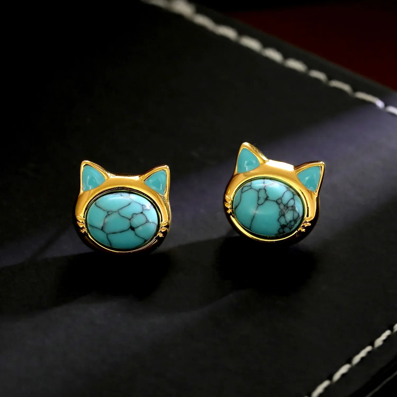 Turquoise Tiger Eye Cat Head Design Copper Protection Stud Earrings