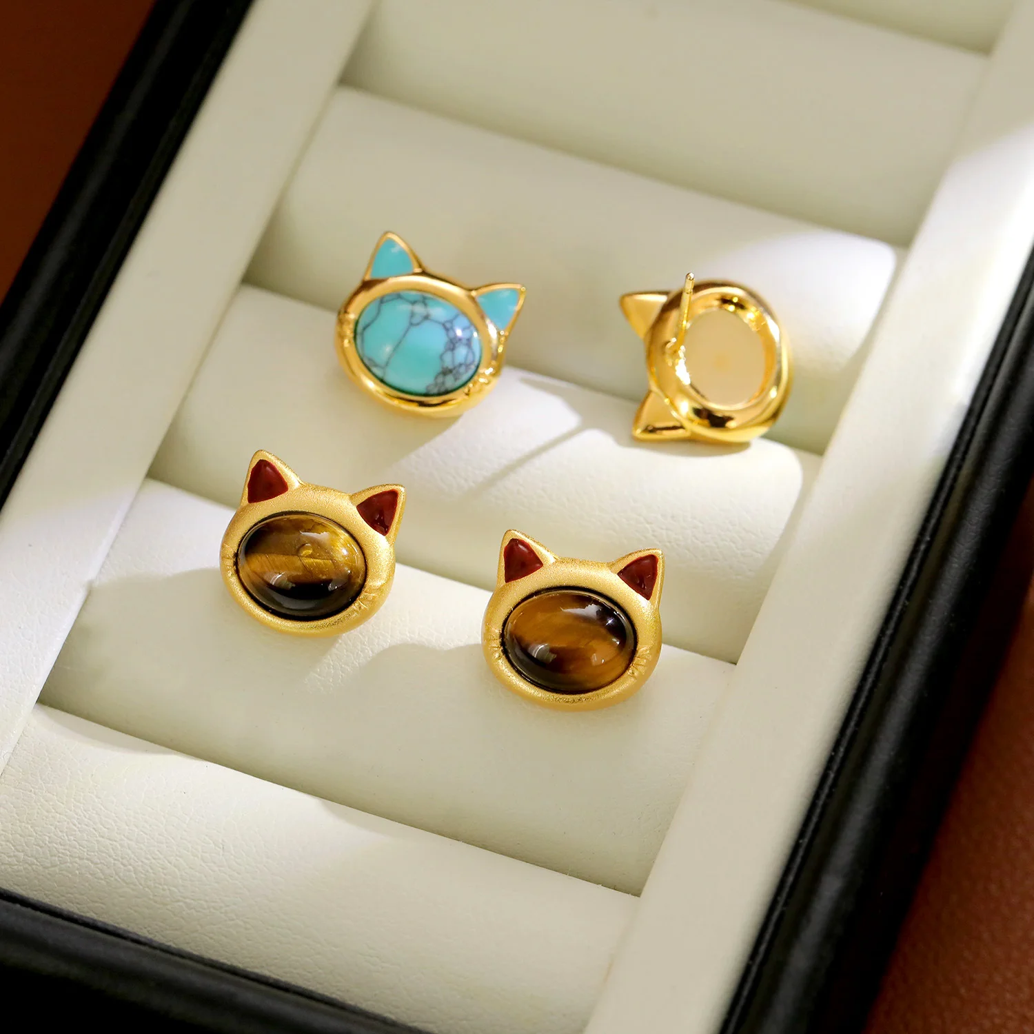 Turquoise Tiger Eye Cat Head Design Copper Protection Stud Earrings