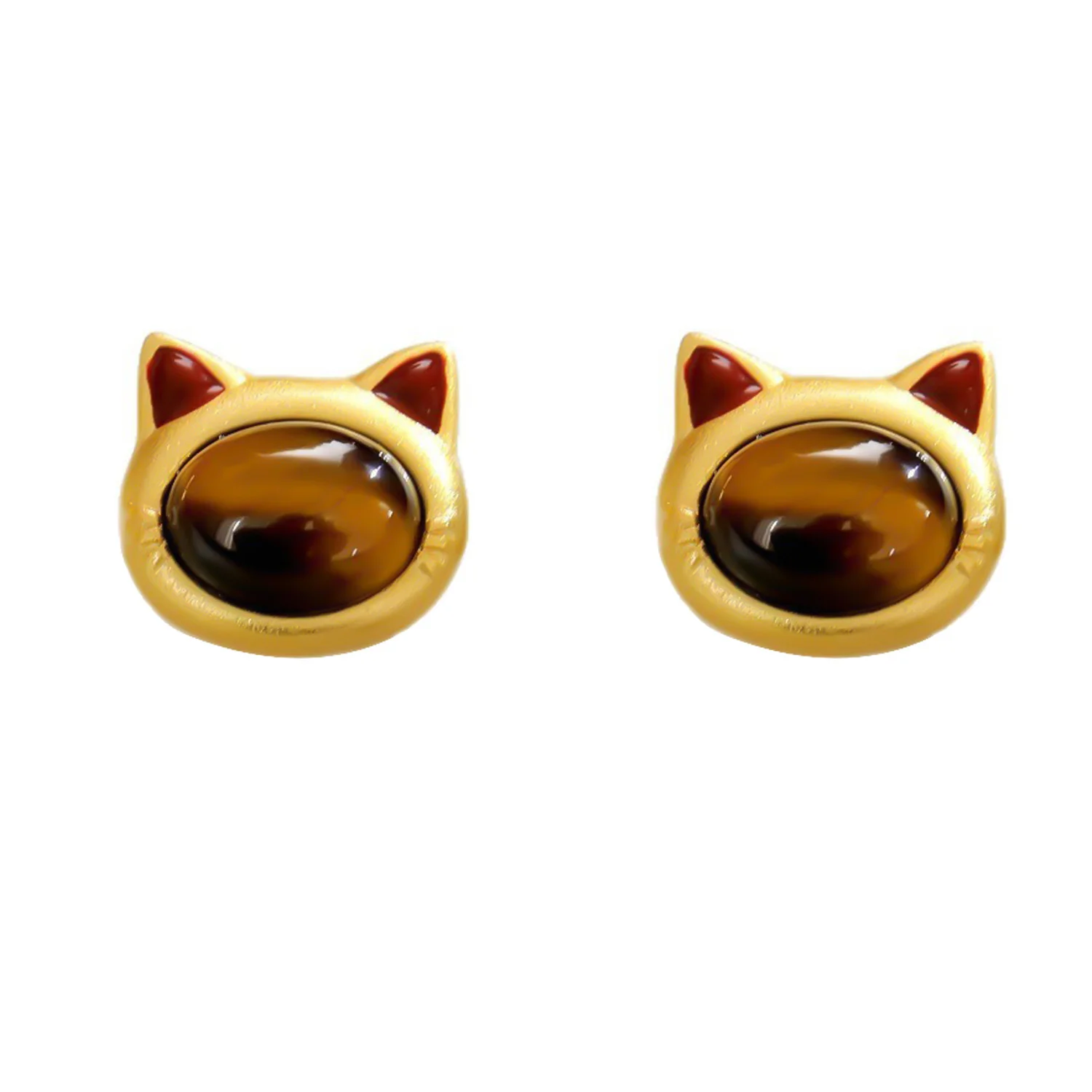 Turquoise Tiger Eye Cat Head Design Copper Protection Stud Earrings