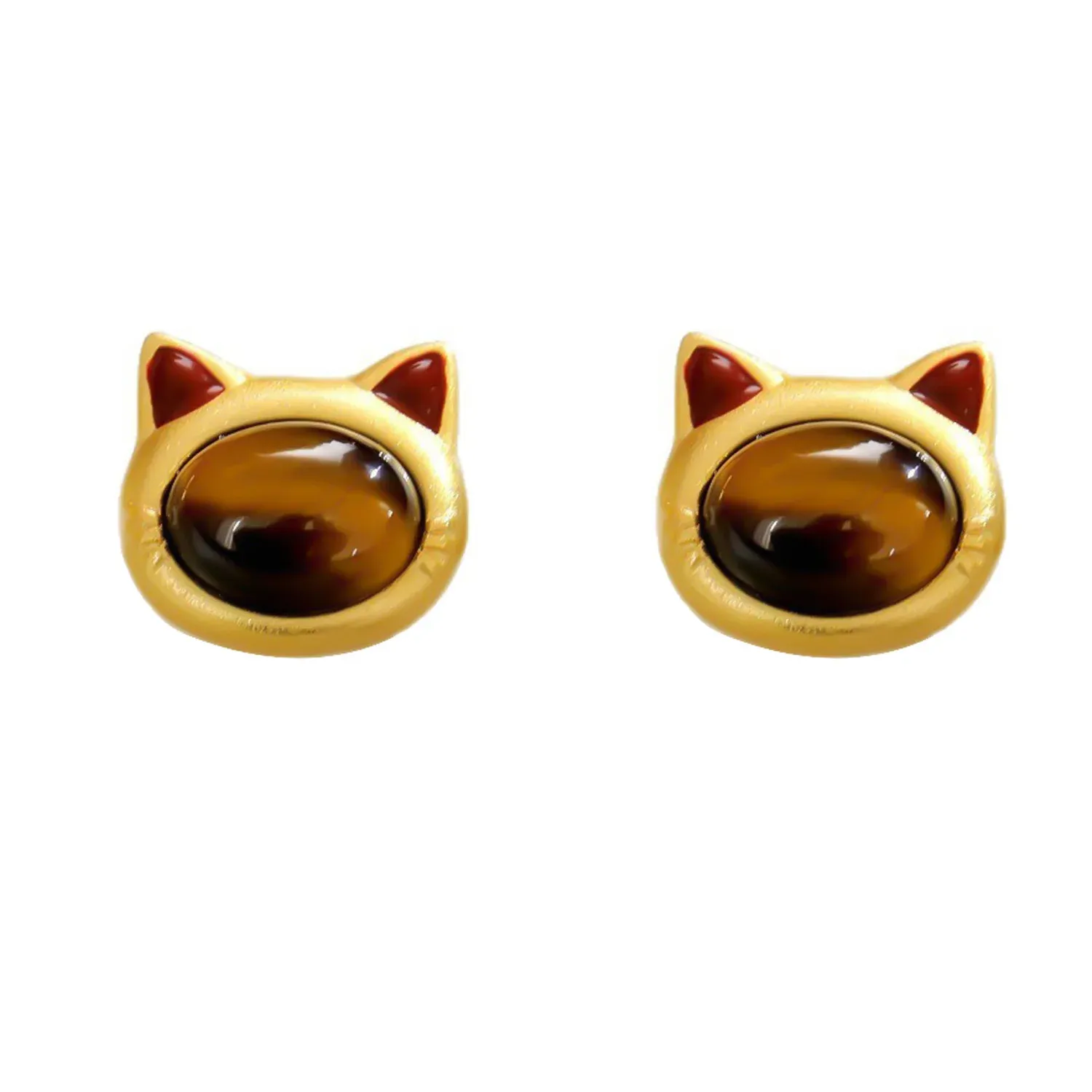 Turquoise Tiger Eye Cat Head Design Copper Protection Stud Earrings