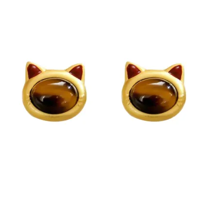 Turquoise Tiger Eye Cat Head Design Copper Protection Stud Earrings