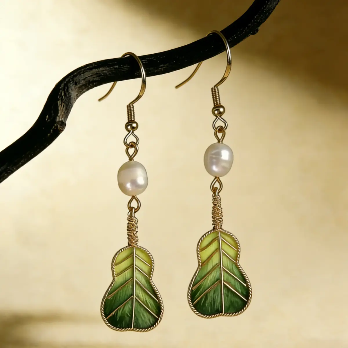 Verdant Plantain Fan Mulberry Silk & Pearl Earrings