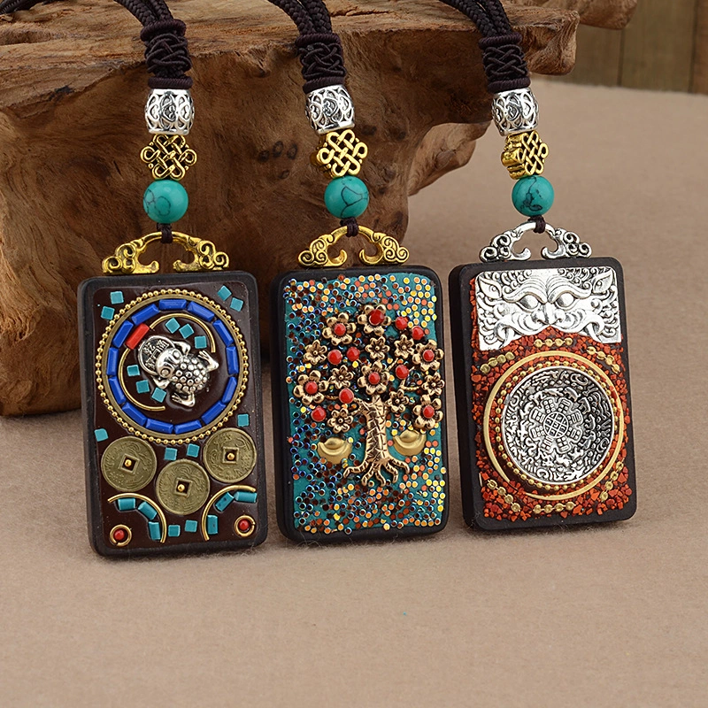 Vintage Ebony Wood Amulet Necklace – 15 Symbolic Designs with Copper Accents & Cotton Cord
