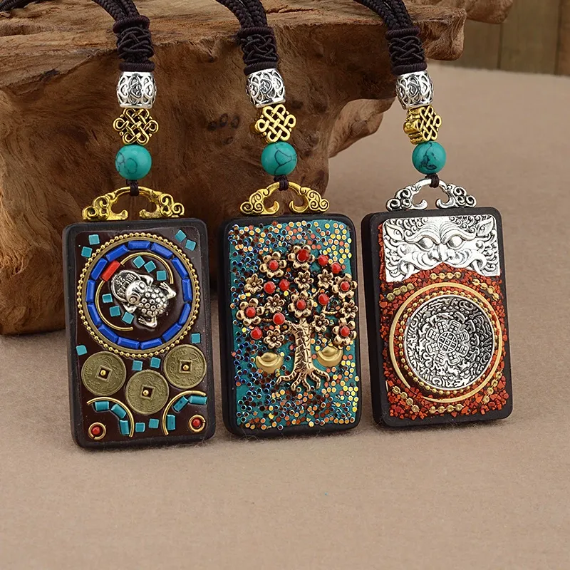 Vintage Ebony Wood Amulet Necklace – 15 Symbolic Designs with Copper Accents & Cotton Cord