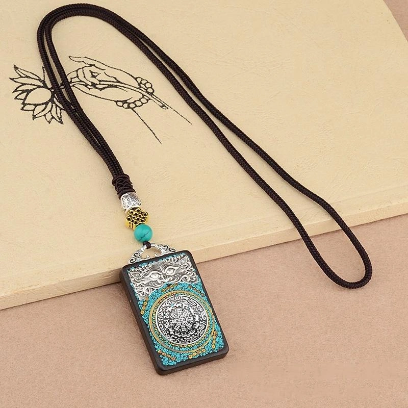 Vintage Ebony Wood Amulet Necklace – 15 Symbolic Designs with Copper Accents & Cotton Cord