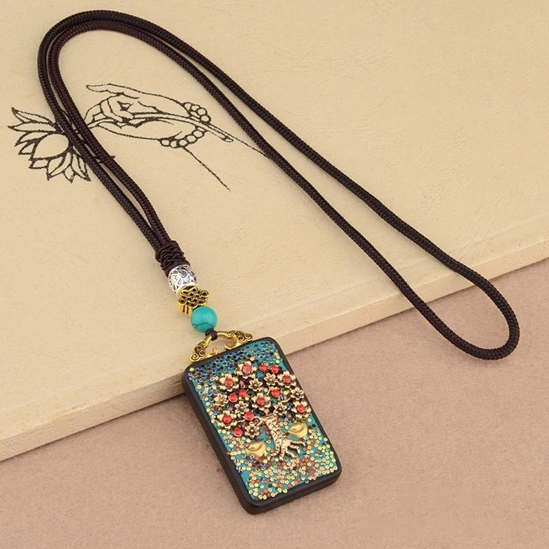 Vintage Ebony Wood Amulet Necklace – 15 Symbolic Designs with Copper Accents & Cotton Cord