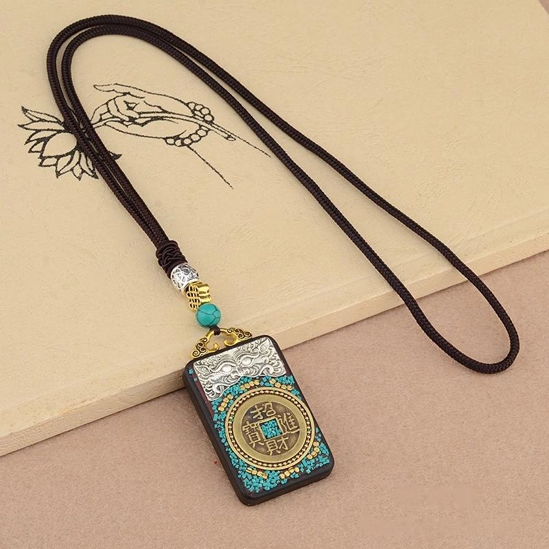 Vintage Ebony Wood Amulet Necklace – 15 Symbolic Designs with Copper Accents & Cotton Cord