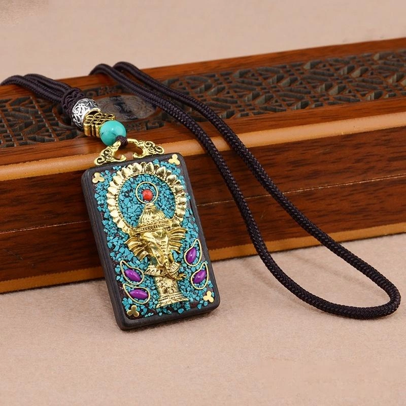 Vintage Ebony Wood Amulet Necklace – 15 Symbolic Designs with Copper Accents & Cotton Cord