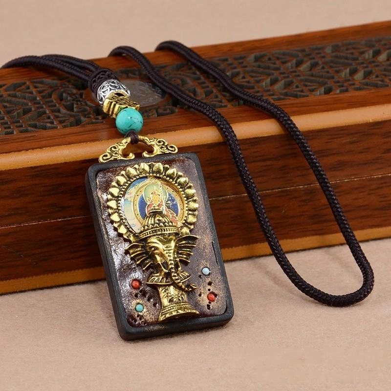 Vintage Ebony Wood Amulet Necklace – 15 Symbolic Designs with Copper Accents & Cotton Cord
