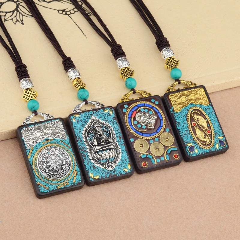 Vintage Ebony Wood Amulet Necklace – 15 Symbolic Designs with Copper Accents & Cotton Cord
