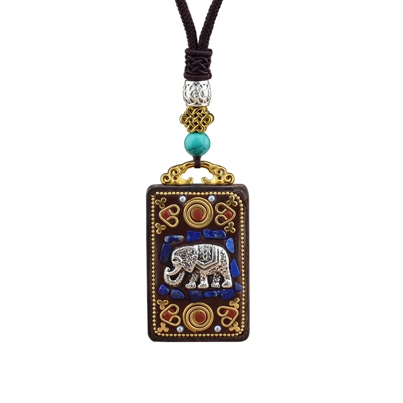 Vintage Ebony Wood Amulet Necklace – 15 Symbolic Designs with Copper Accents & Cotton Cord