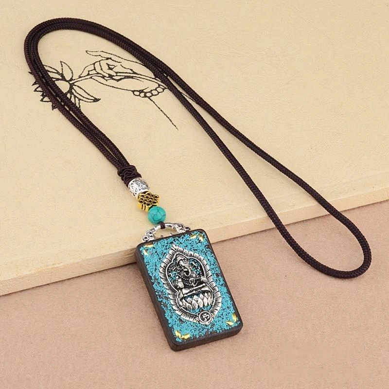 Vintage Ebony Wood Amulet Necklace – 15 Symbolic Designs with Copper Accents & Cotton Cord