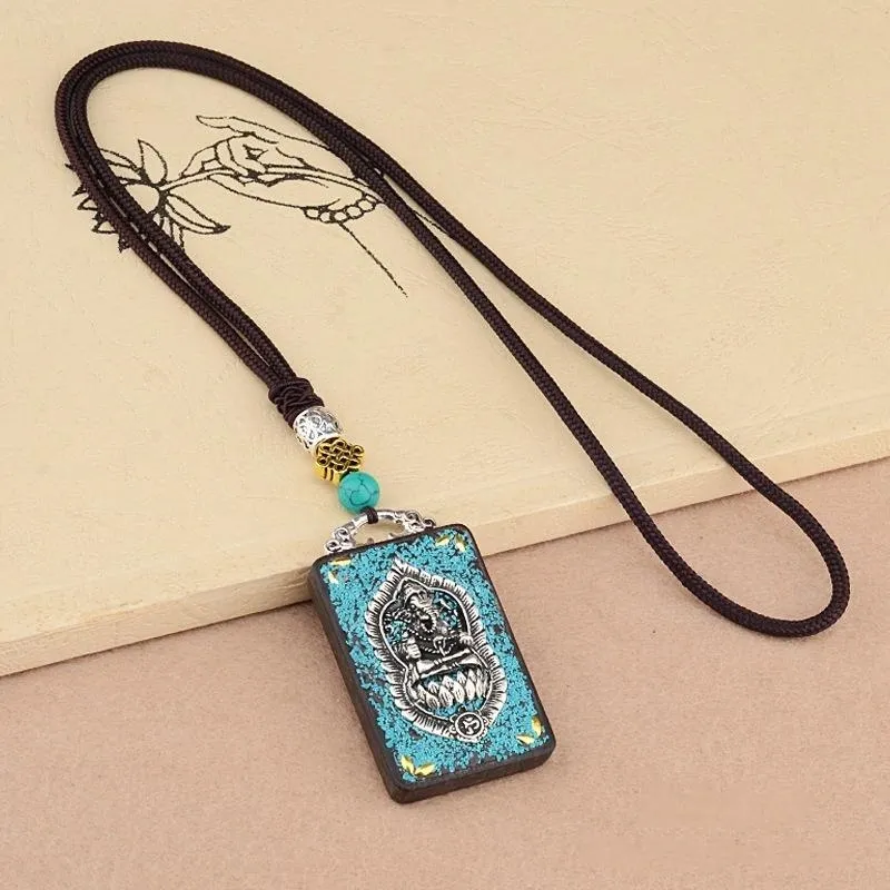 Vintage Ebony Wood Amulet Necklace – 15 Symbolic Designs with Copper Accents & Cotton Cord