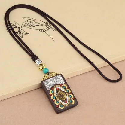Vintage Ebony Wood Amulet Necklace – 15 Symbolic Designs with Copper Accents & Cotton Cord