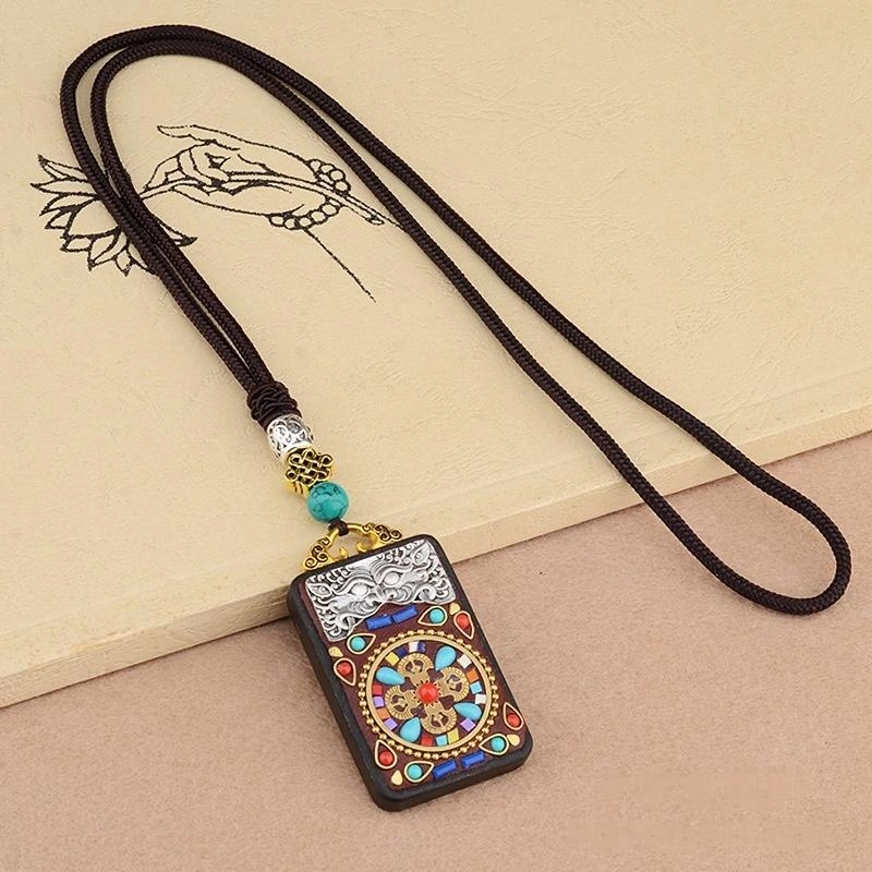 Vintage Ebony Wood Amulet Necklace – 15 Symbolic Designs with Copper Accents & Cotton Cord