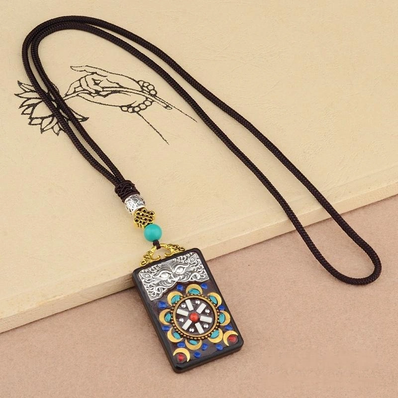 Vintage Ebony Wood Amulet Necklace – 15 Symbolic Designs with Copper Accents & Cotton Cord