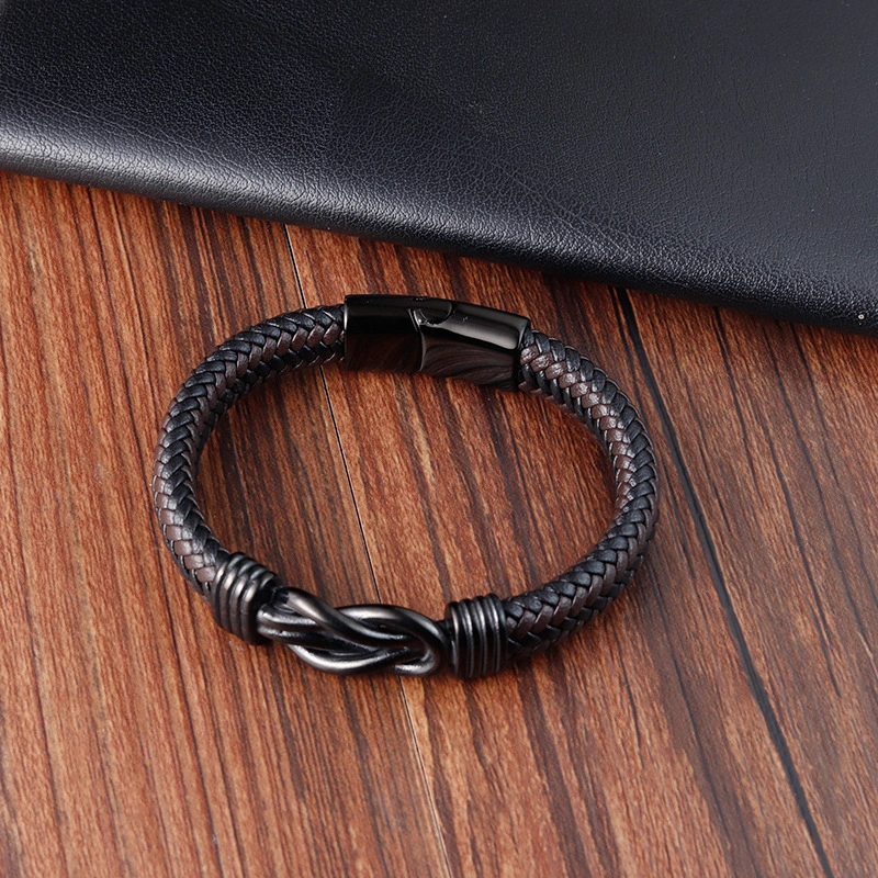 Vintage Men’s Infinity Symbol Bracelet – Hand-Braided Leather Wristband with Magnetic Clasp
