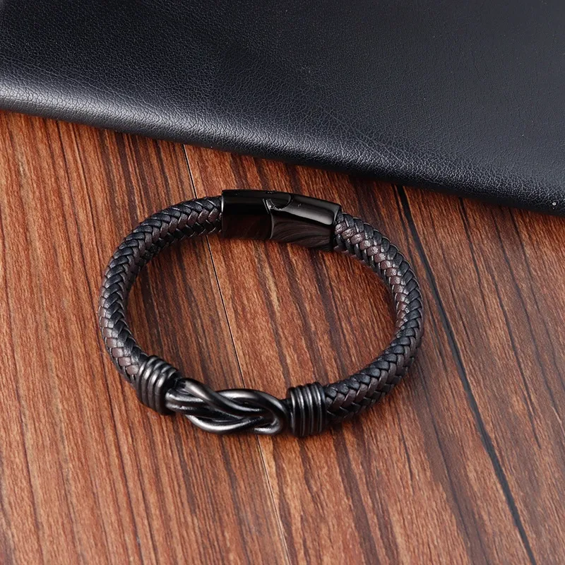 Vintage Men’s Infinity Symbol Bracelet – Hand-Braided Leather Wristband with Magnetic Clasp
